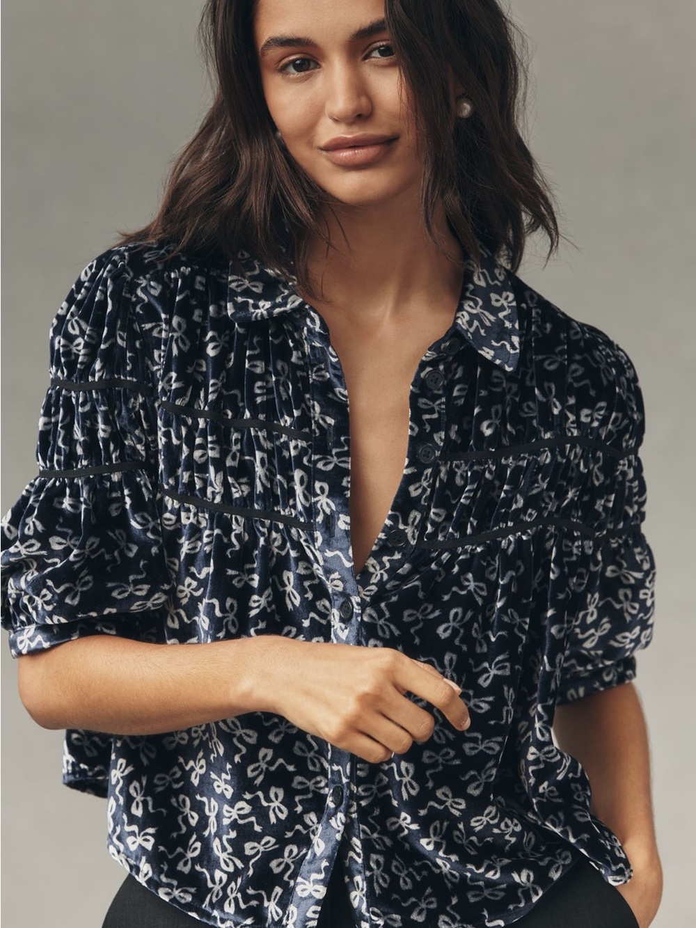 Anthropologie Maeve Velvet Floral Button-Front Blouse